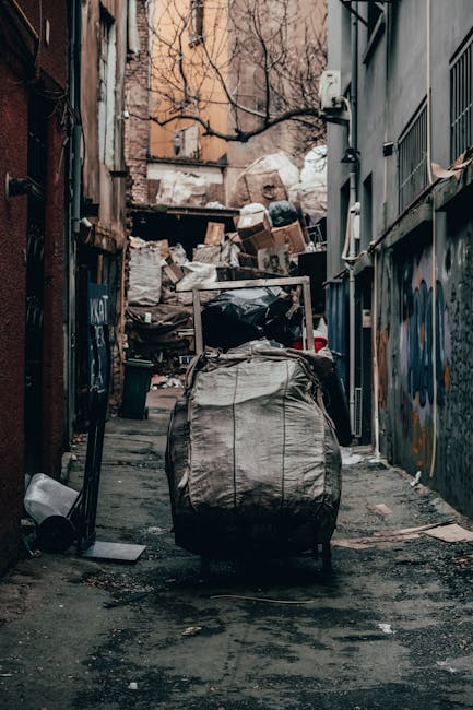 A narrow, urban alleyway filled with a large accumulation of waste materials, including numerous cardboard boxes, black plastic rubbish bags, and miscellaneous debris stacked against a wooden pallet at the far end. The alley is lined with graffiti-covered metal walls on the right and aged brick buildings on the left, some with exposed pipes and small windows. A large, grey, weathered trash bag on wheels is positioned in the foreground, partially blocking the view. The ground appears dirty and stained, with scattered litter and dark patches from accumulated grime. Bare tree branches are visible overhead, and the scene is illuminated by natural daylight, casting soft shadows across the cluttered environment. This setting suggests a location requiring waste clearance typical of private rubbish removal services like Waste Removal Lambeth, highlighting the importance of effective on-site waste disposal and management in urban areas.